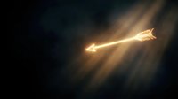 Glowing golden arrow flying through dark atmospheric space with bright light trails and dramatic smoke effects creating mystical energy motion.