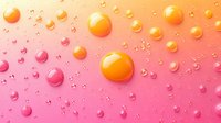 Vibrant orange and pink water drops on gradient background create dynamic abstract composition with light reflections and floating spherical bubbles.