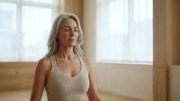 Mature Caucasian woman practicing mindful meditation in bright modern room with closed eyes wearing beige tank top for wellness and mental health concepts.