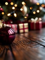 Purple glass ornament and wrapped gifts on rustic wooden table with soft glowing Christmas tree lights creating magical holiday atmosphere.