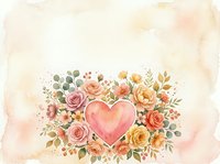 Watercolor floral heart arrangement with roses and wildflowers in soft peach and pink tones on a vintage background for cards.