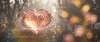 Glowing heart symbol with light rays and bokeh effects on natural background for romantic designs and love concepts.