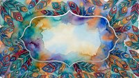 Watercolor boho feathers frame with colorful ethnic ornaments surrounding a blank center space for text or design elements.