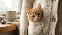Ginger kitten peeking from beige cardigan pocket, cozy home interior with coffee mug and window light, domestic pet lifestyle.