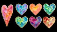 Colorful watercolor hearts with gold foil edges isolated on transparent background, ready for t-shirt designs, stickers, clipart, sublimation, and print-on-demand projects.