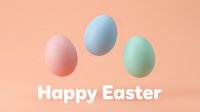 Three pastel Easter eggs floating on a peach background with Happy Easter text, a festive spring greeting card design.