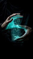 Hands protecting glowing holographic data interface with digital code and cybersecurity elements on dark background for technology concepts.