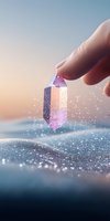 Magical glowing crystal held by fingers against dreamy pastel sky background with sparkling particles and mystical atmosphere for spiritual wellness content.