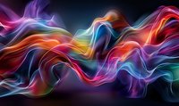 Vibrant multicolored smoke waves flow in abstract patterns against dark background, creating dynamic motion and ethereal light trails in rainbow hues and neon colors.