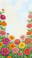 Colorful zinnia garden watercolor border with vibrant pink, orange, yellow blooms framing a soft sky background with copy space.