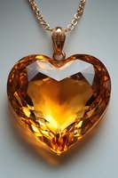 Luxurious amber crystal heart pendant on gold chain with faceted cuts creating warm glowing effect against neutral background, macro jewelry photography.