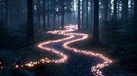 Magical glowing path winding through dark misty forest with illuminated trail of sparkles and light particles creating ethereal atmosphere in mysterious woods.