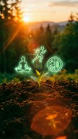 Young seedling sprouting from soil with glowing neon wellness icons representing meditation, running, and brain health against sunset mountain landscape. Wellness and personal growth concept.