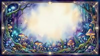 Enchanted forest clearing with glowing mushrooms, magical lights, and ornate decorative border frame, suitable for fantasy backgrounds and mystical designs.