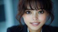 Young Asian woman with bangs and upswept dark hair smiling warmly at camera against blurred blue background, natural makeup and gentle expression.