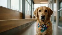 Golden retriever dog wearing adopt me bandana sitting in modern animal shelter hallway with natural lighting for pet adoption campaigns.