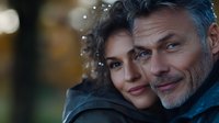 Romantic mature couple sharing tender moment outdoors at dusk. Close up portrait of middle-aged man with gray hair and woman with curly dark hair smiling warmly.