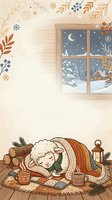 Cozy winter scene with illustrated character wrapped in blanket near window showing snowy landscape, hot beverages, firewood, and festive botanical elements for holiday greeting cards and seasonal designs.