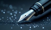Luxury fountain pen nib with ornate engraving on dark background with bokeh light effects, macro photography capturing fine metallic details and craftsmanship.