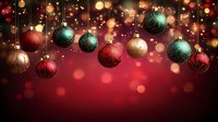 Hanging festive ornaments in red, gold, and teal with bokeh lights on burgundy background, suitable for holiday greeting cards and seasonal marketing materials.