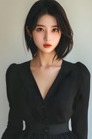 Young Asian woman with short black hair wearing elegant black v-neck dress with button details and puff sleeves, looking directly at camera against light background.