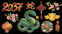 Lunar New Year 2037 snake zodiac clipart set with lantern, gold ingots, cherry blossom, and lucky knot, isolated on transparent background for sublimation and print on demand.