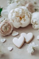 Elegant white heart cookies with delicate peonies and ranunculus flowers on neutral background, creating romantic wedding or Valentine's Day composition.