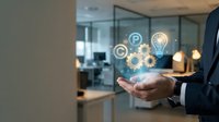 Professional businessman holding glowing innovation icons with lightbulb and gears in modern office environment for business technology concepts.