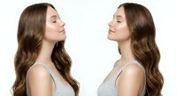 Young Caucasian woman with long wavy brown hair in gray top showing before and after beauty transformation on white background isolated for skincare ads.