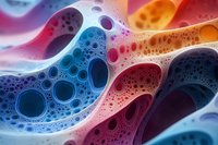 Colorful abstract cellular structure with organic bubble patterns in vibrant blue, pink, and orange tones creating flowing microscopic art composition.