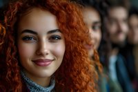 Young woman with vibrant curly red hair and bright blue eyes smiling confidently at camera, wearing silver turtleneck sweater against blurred crowd background.