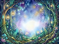Enchanted forest clearing with glowing lanterns, magical light rays, and mystical flora creating a fantasy woodland gateway to ethereal realms.
