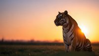 Majestic tiger sitting in golden grassland during stunning sunset with warm orange and pink sky creating dramatic silhouette for wildlife photography projects.