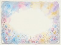 Watercolor birthday party frame with pastel rainbow colors, balloons, cake and decorative border on white background for invitations and celebrations.