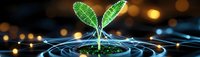 Digital green plant seedling growing from water ripples with glowing network connections on dark background with bokeh lights.