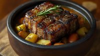 Juicy roasted pork belly with crispy skin served in rustic ceramic bowl with root vegetables, fresh rosemary and savory sauce. Restaurant quality main dish.