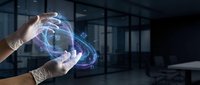 Hands in white gloves holding glowing blue digital sphere with data streams in modern office environment for technology and innovation concepts.