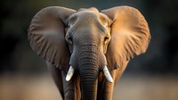 African elephant portrait in warm golden light showing large ears, tusks and trunk against dark background, dramatic wildlife photography capturing majestic expression.