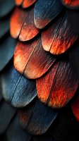 Macro photograph of butterfly wing scales showing intricate pattern in dark blue and fiery orange colors, creating dramatic natural texture and light effect.