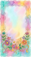Pastel watercolor frame with ornate swirls, colorful flowers, hearts, and stars on soft gradient background. Isolated design element suitable for greeting cards, invitations, posters, and social media graphics.