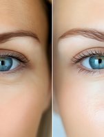 Close-up comparison of bright blue eyes with long natural eyelashes showing different skin tones and textures, suitable for beauty and cosmetic advertising.