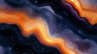 Cosmic waves of orange and purple flow through deep space, creating ethereal abstract patterns against starry dark background. Mystical galaxy art design.