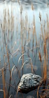 Dried marsh grasses and weathered stone in shallow water create a serene wetland landscape, suitable for nature, environmental, and seasonal editorial projects.