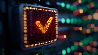 Illuminated digital check mark symbol on electronic display with bokeh lights background, modern technology verification interface concept.