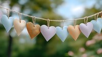 Colorful paper hearts hanging on rope string against blurred green garden background. Romantic decoration for wedding, Valentine's Day or love celebration.