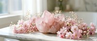 Rose quartz crystal cluster surrounded by delicate pink cherry blossoms and baby's breath on a white marble surface in soft light.