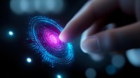 Finger touching futuristic holographic interface with glowing purple and blue digital spiral pattern for technology and innovation concepts.