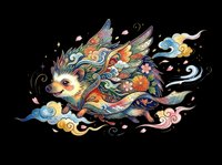 Whimsical hedgehog with ornate feathered wings and flowing decorative elements, isolated on transparent background. Ready for t-shirt design, stickers, clipart, sublimation, and print-on-demand products.