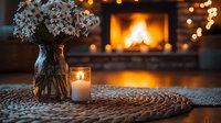 Cozy evening atmosphere with white daisies in glass jar and glowing candle on woven mat, fireplace and warm bokeh lights creating romantic ambiance.