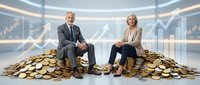 Senior business executives sitting on pile of golden coins in modern office with financial growth charts and data visualization in background.